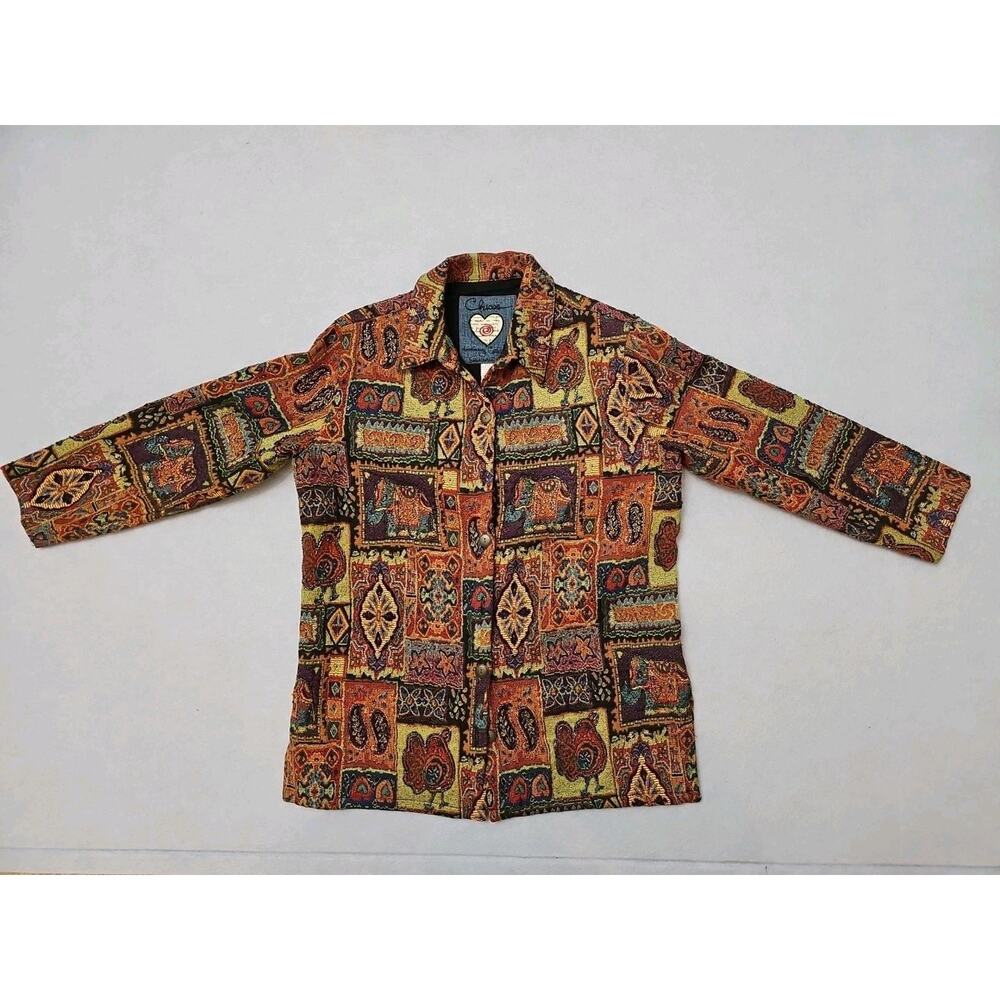 Chicos Jacket Women Sz M Red Green Multi Bird Elephant Tapestry India